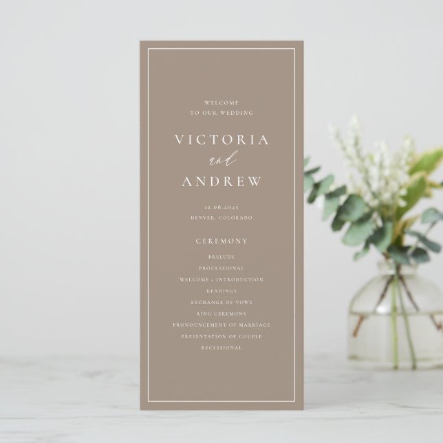 Programa Casamento Formal Bege Tipografia Simples (Em pé/Frente)