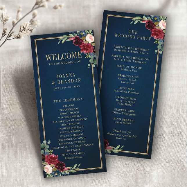 Programa Casamento Geométrico Dourado com Blush Azul-marinh (Navy Blue Blush Burgundy Gold Geometric Wedding Program)