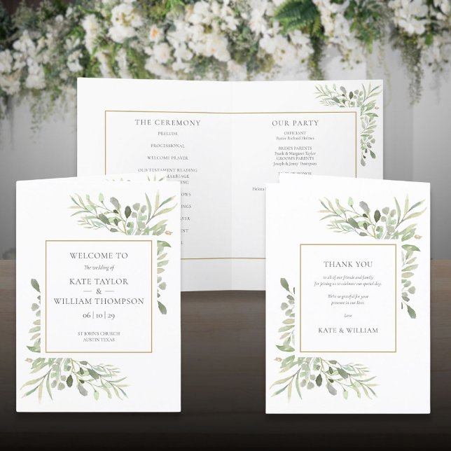 Programa Casamento Geométrico Dourado de Foliage Greenery (Greenery Foliage Gold Geometric Wedding Program)