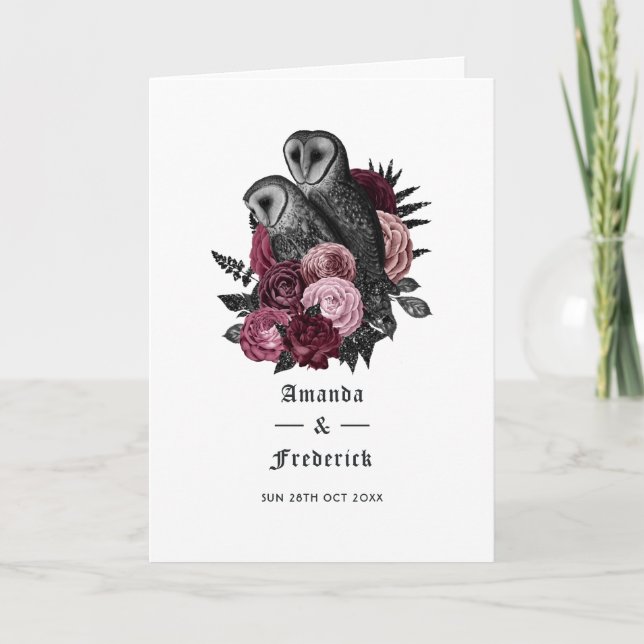 Programa Casamento Gótico de Corujas Florais Borgonha (Frente)