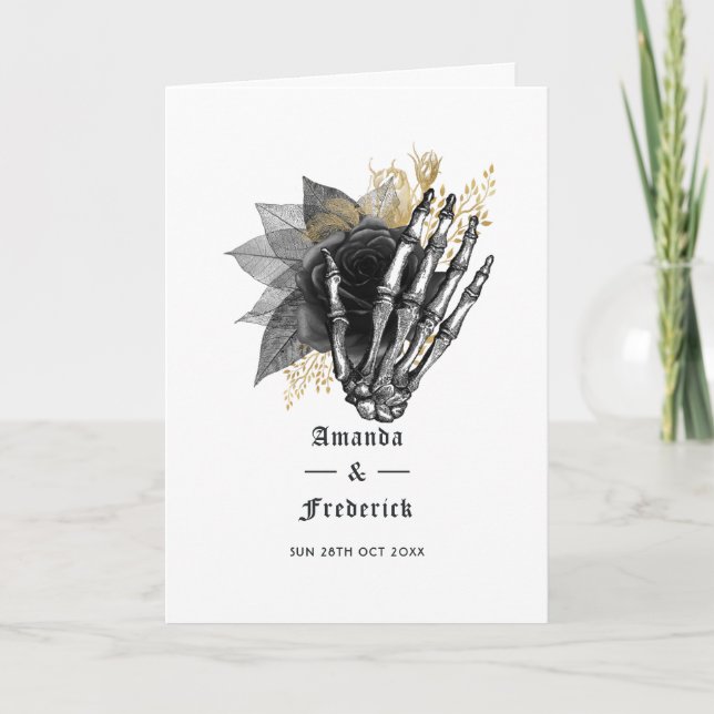 Programa Casamento Gótico de Esqueleto Floral Preto e Doura (Frente)