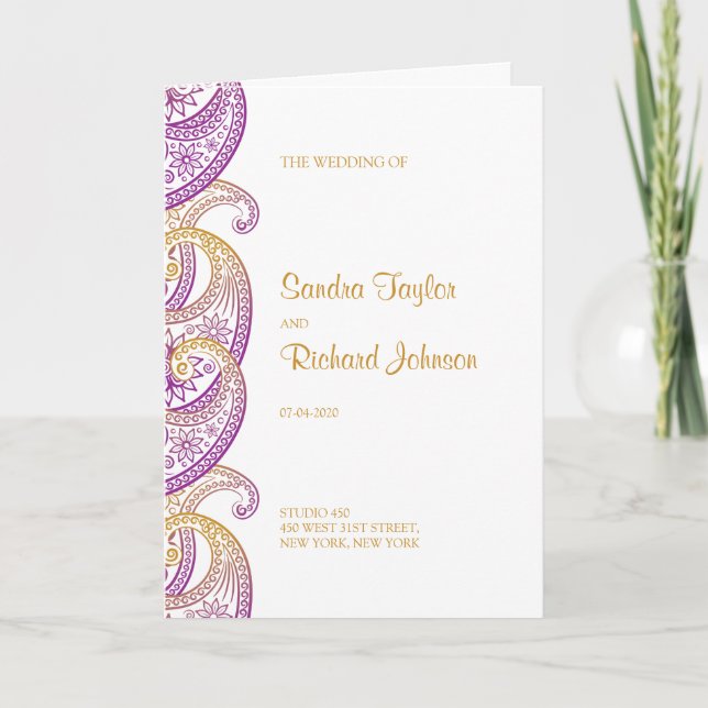 Programa Casamento índio de Paisley, roxo e Dourado (Frente)