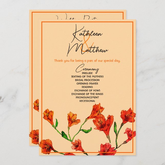 Programa Casamento Laranja Floral Watercolor (Frente/Verso)