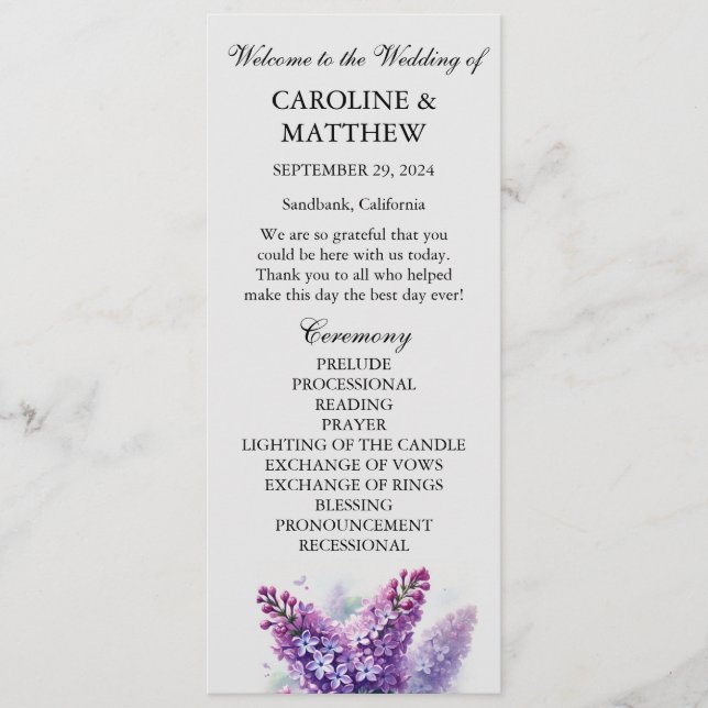 Programa Casamento Lilac Purple Floral Elegante Moderno (Frente)