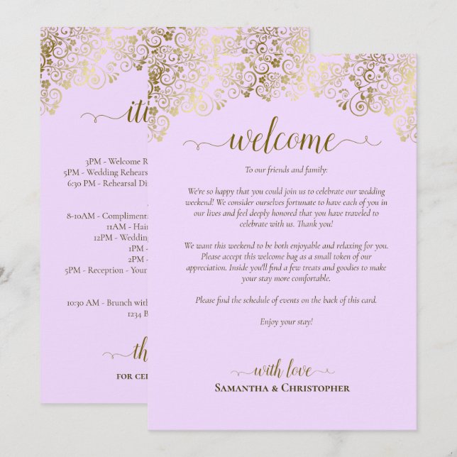 Programa Casamento Lilás & Dourado: Boas-Vindas e Itinerári (Frente/Verso)