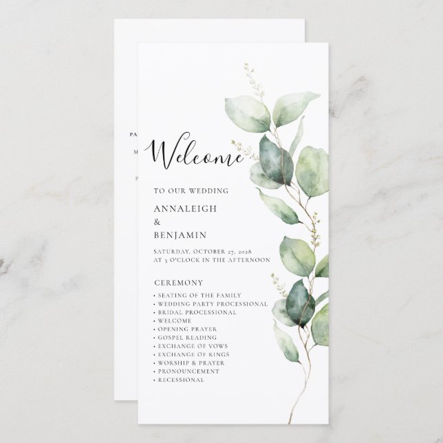 Programa Casamento Minimalista Eucalyptus Greenery (Frente/Verso)