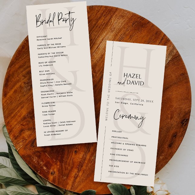 Programa Casamento Minimalista Moderno com Monograma Preto  (Modern minimalist black and ivory monogram program adds a soft, elegant touch to your ceremony.)