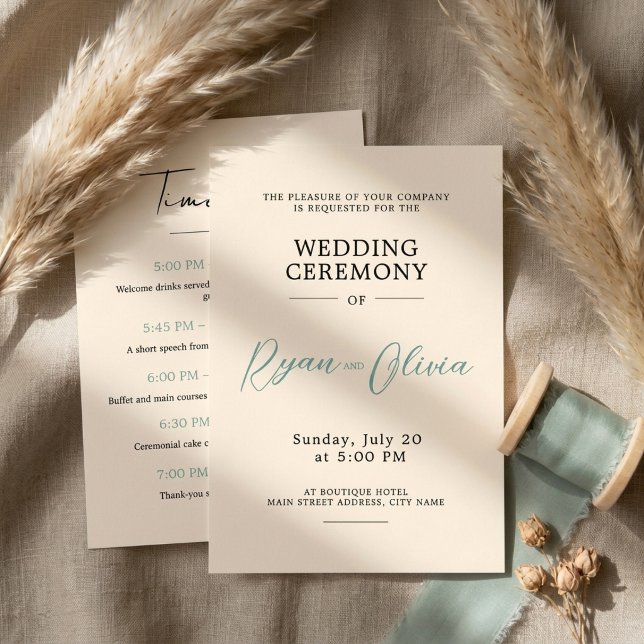 Programa Casamento Minimalista Moderno Marfim e Verde Sage  (Minimalist Modern Ivory & Sage Green Wedding Program
)
