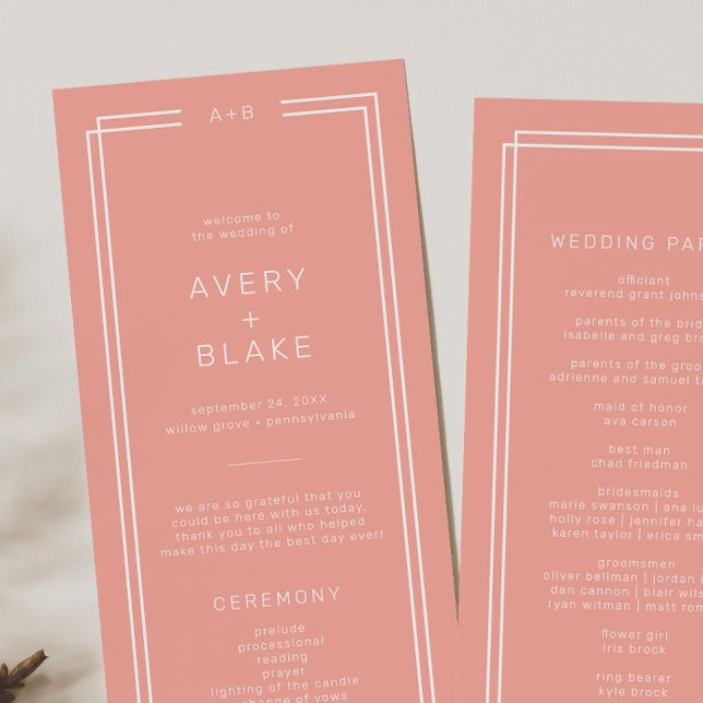 Programa Casamento Mínimo de Pincel de Pincel de Cabal Suav (AVERY Minimal Blush Peach Soft Coral Wedding Program)