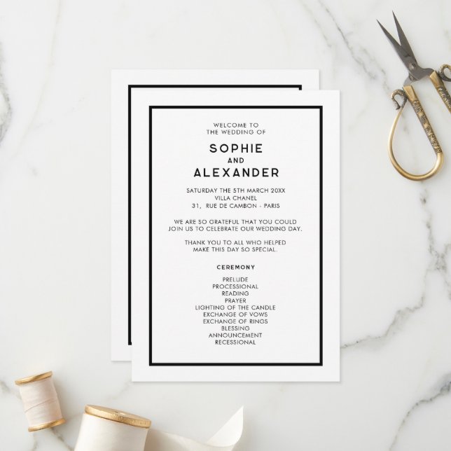 Programa Casamento Mínimo Francês Negro e Branco Chic (Frente/Verso In Situ)