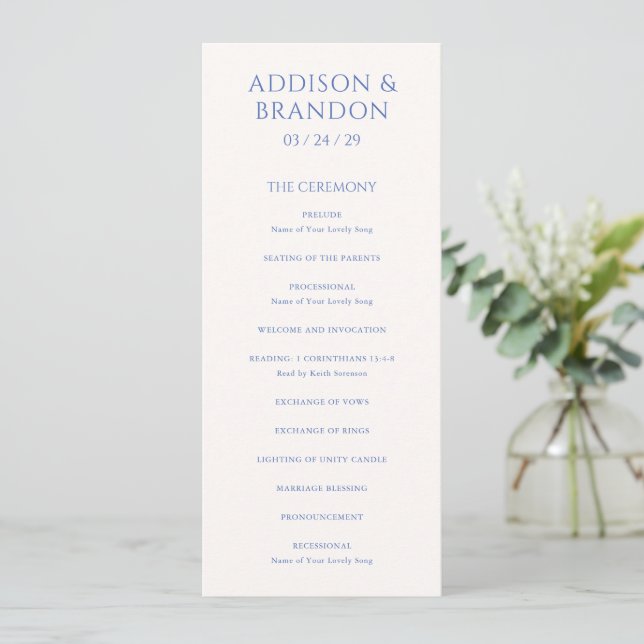 Programa Casamento Moderno Azul Elegante (Em pé/Frente)