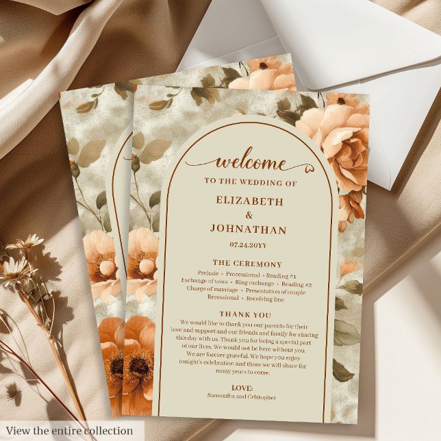 Programa Casamento Moderno Boho Laranja Queimado Bege Sage (Modern Boho Burnt Orange Beige Sage Wedding Program)