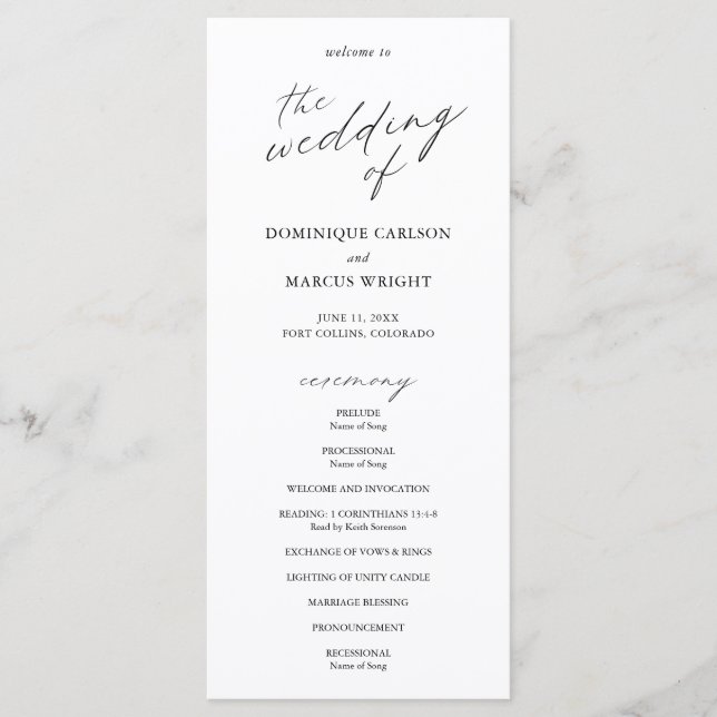 Programa Casamento Moderno com Caligrafia Elegante (Frente)