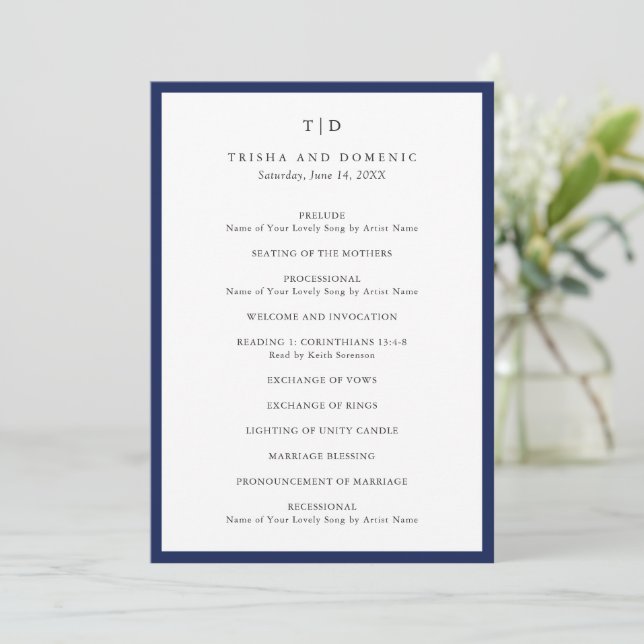 Programa Casamento Moderno com Monograma Azul Naval Elegant (Em pé/Frente)