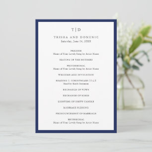 Programa Casamento Moderno com Monograma Azul Naval Elegant