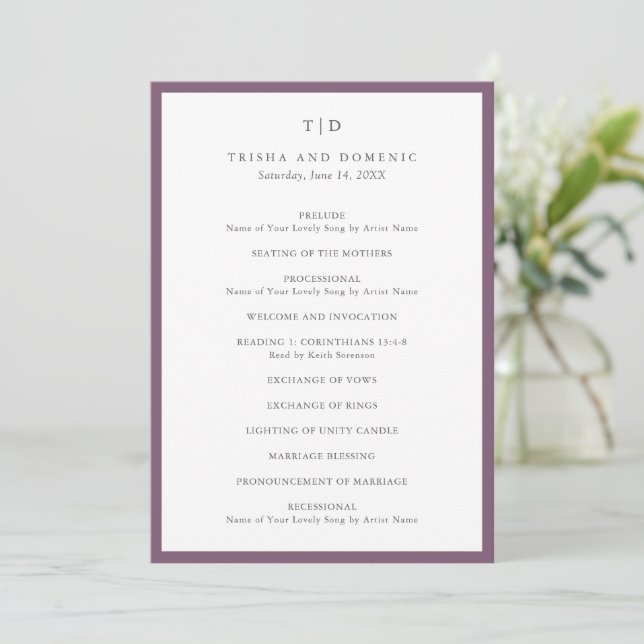 Programa Casamento Moderno com Monograma Roxo Elegante (Em pé/Frente)