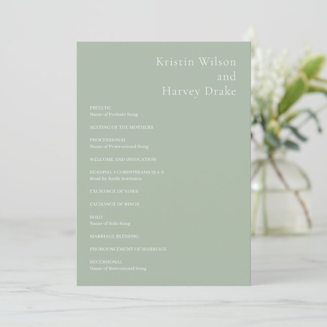 Programa Casamento Moderno em Verde Sálvia Elegante (Em pé/Frente)