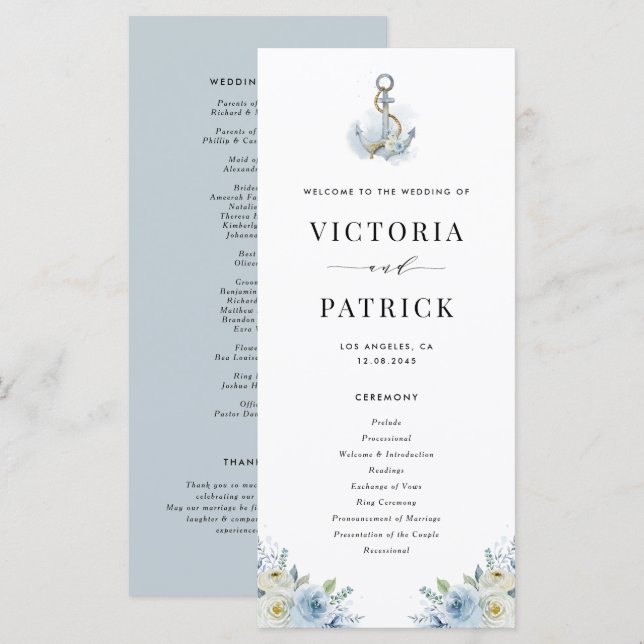 Programa Casamento Náutico Âncora Floral Aquarela Azul (Frente/Verso)