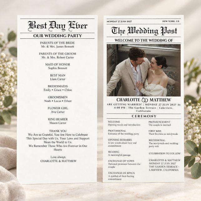 Programa Casamento Preto Branco Foto de Jornal Moderno (wedding programs black and white elegant ceremony calligraphy script minimalist formal classy clean )