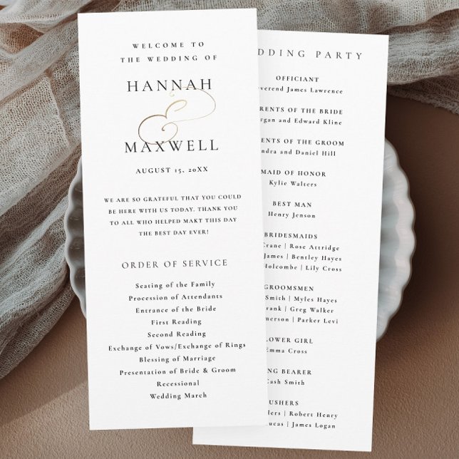 Programa Casamento Preto e Branco com Tipografia Elegante (Elegant typography gold script calligraphy wedding programs.)