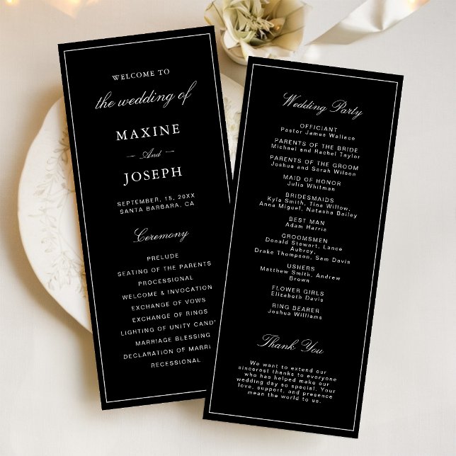 Programa Casamento Preto e Branco Formal Simples e Elegante (Simple black and white wedding program keeps guests informed with elegant style.)