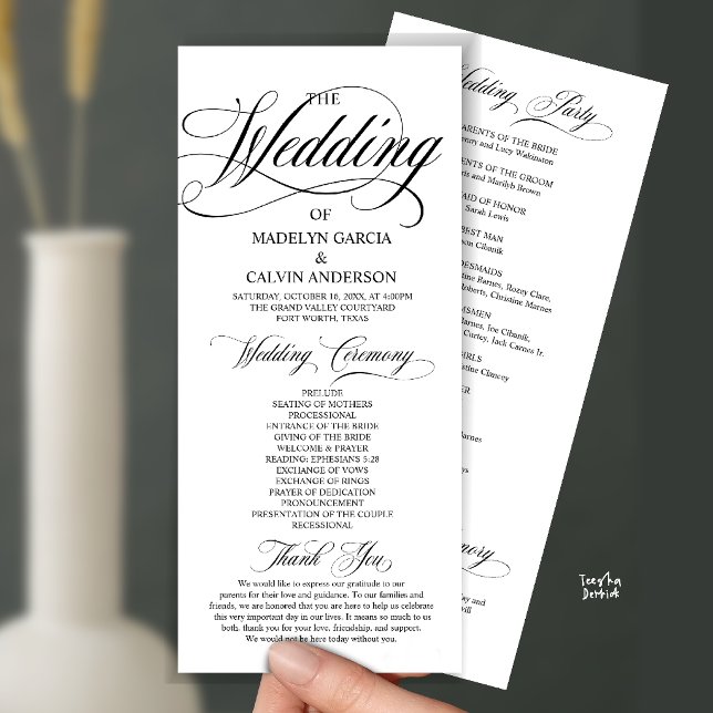 Programa Casamento Preto e Branco Moderno com Letra Complet (Modern Script All In One Wedding Program Card in Black and White)