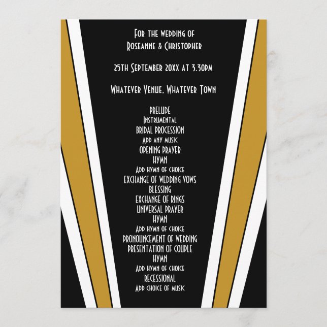 Programa Casamento Preto e Dourado de Design Art Deco (Frente)