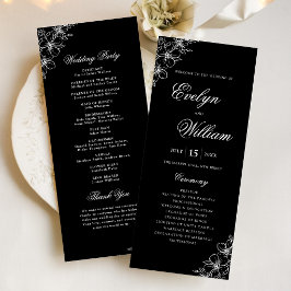 Programa Casamento Preto Floral Caligrafia Moderna Elegante
