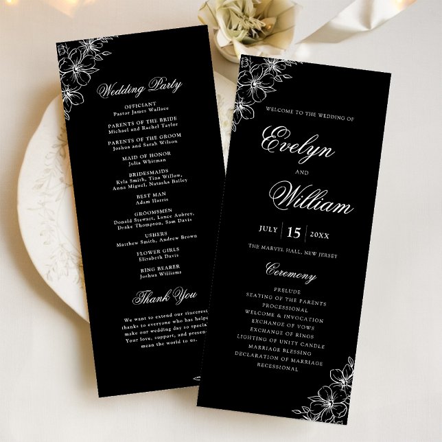 Programa Casamento Preto Floral Caligrafia Moderna Elegante (Elegant black floral wedding program with modern calligraphy and timeless elegance.)
