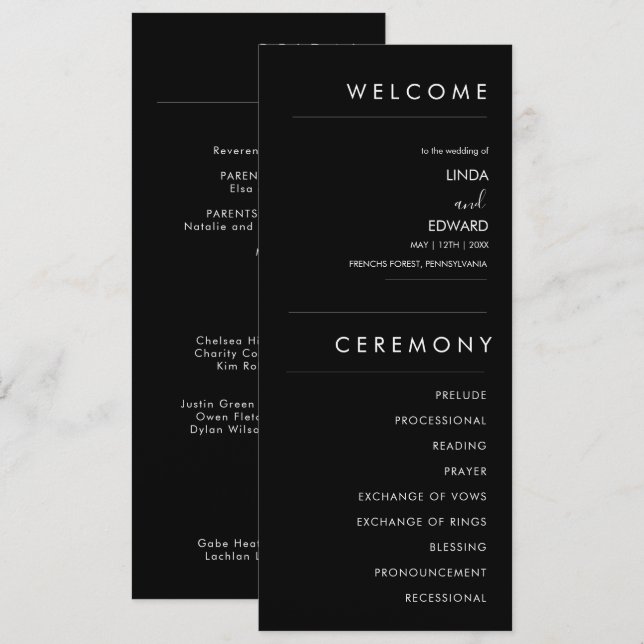 Programa Casamento Preto Tradicional Minimalista Moderno (Frente/Verso)