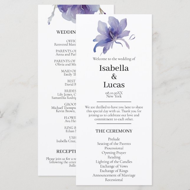 Programa Casamento Purple Iris Watercolor (Frente/Verso)
