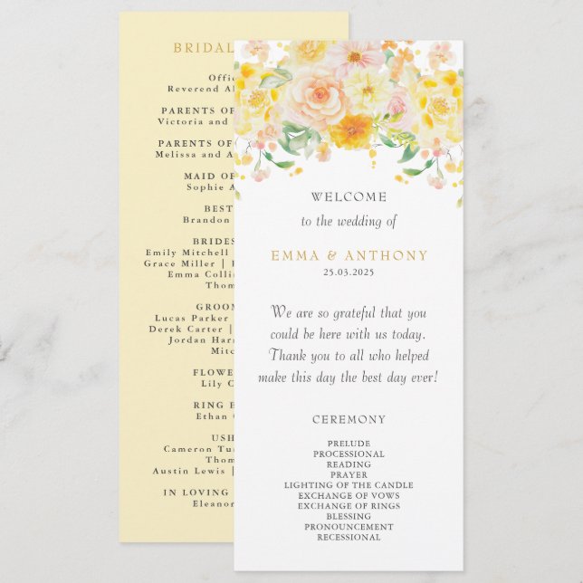 Programa Casamento Romântico Amarelo-Amarelo-Floral-Aquarel (Frente/Verso)