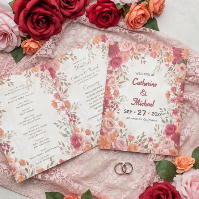 Programa Casamento Romântico de Primavera Rosa e Vermelho (Top view of pink red orange watercolor floral spring wedding program)