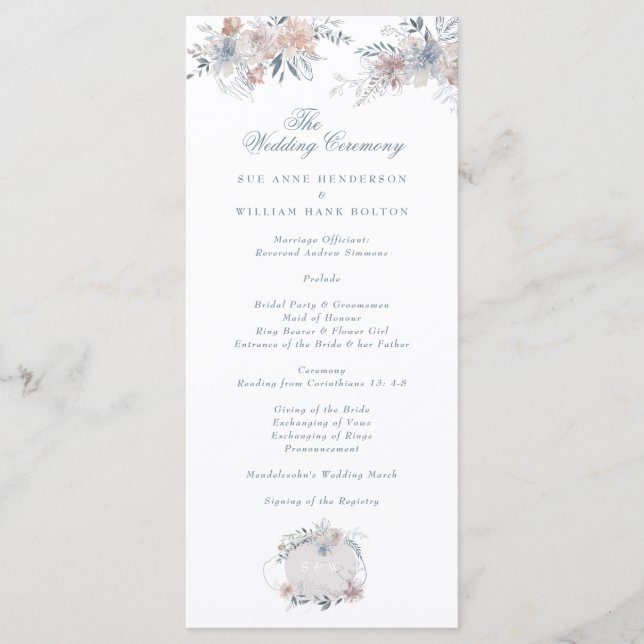 Programa Casamento Romântico Floral Wreath Watercolor Monog (Frente)