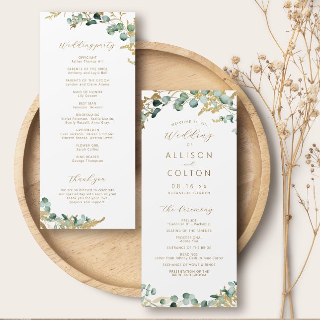 Programa Casamento russo de ouro eucalipto verde boho (Rustic eucalyptus gold greenery boho wedding program)