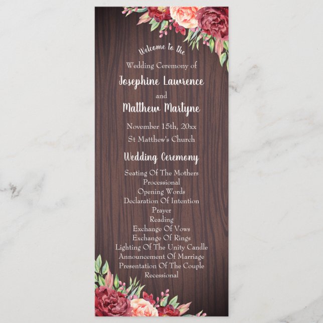 Programa Casamento Rustic Burgundy Floral Watercolor (Frente)