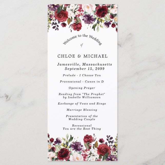 Programa Casamento Rustic Burgundy Red Floral (Frente)