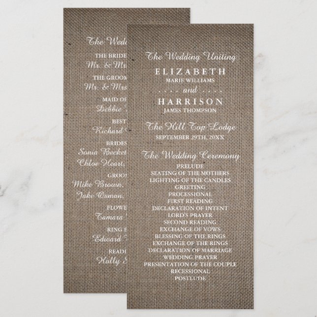 Programa Casamento Rustic Burlap (Frente/Verso)