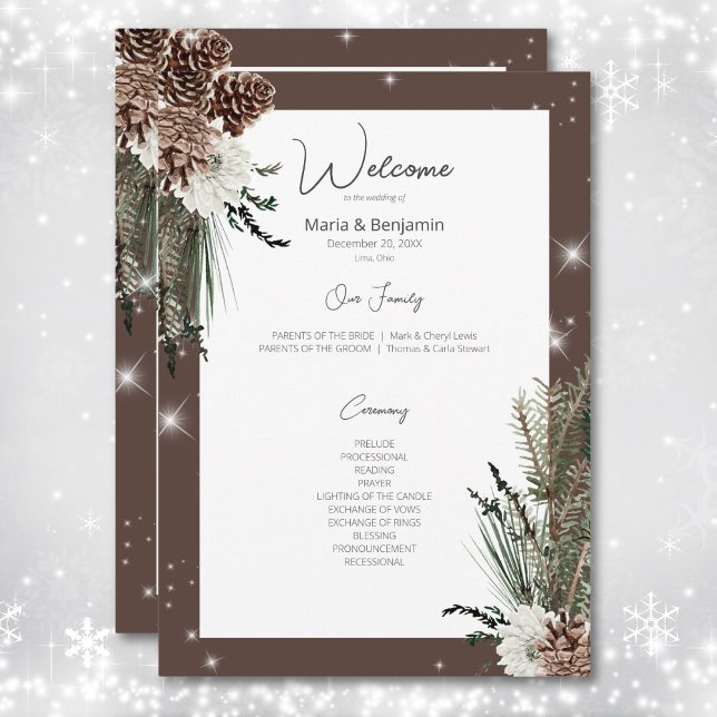 Programa Casamento Rustic Cocoa Brown Pine Winter Sparkle (Rustic Cocoa Brown Pine Winter Sparkle Wedding Program)