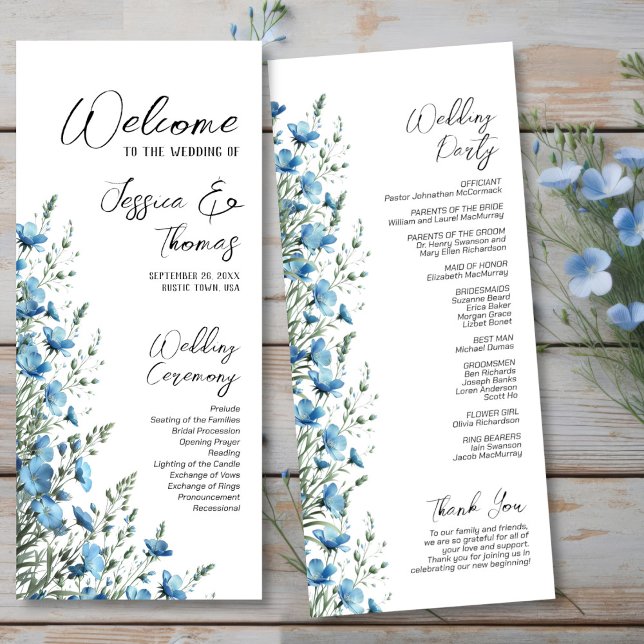 Programa Casamento Rustic Dusty Blue Boho Chic Wildflower (Front/Back)