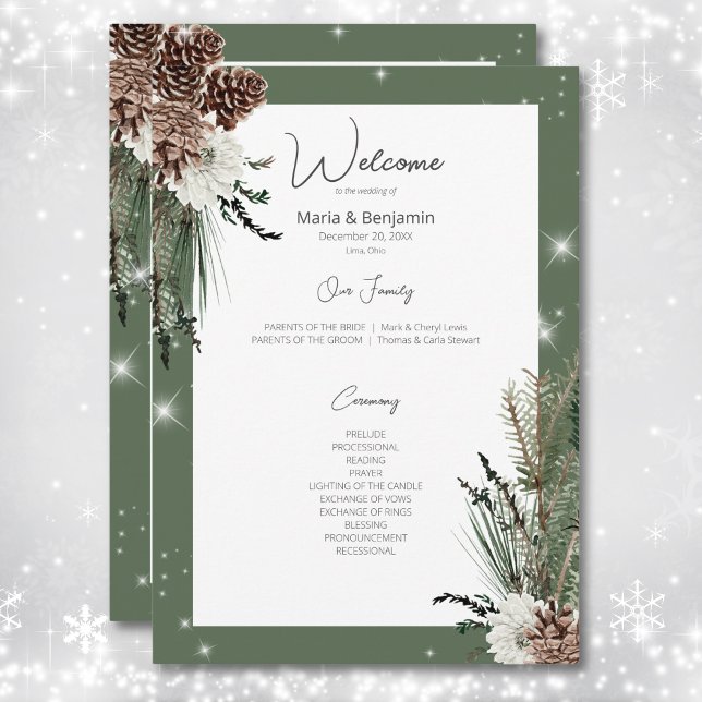 Programa Casamento Rustic Green Pine Winter Sparkle (Rustic Green Pine Winter Sparkle Wedding Program)