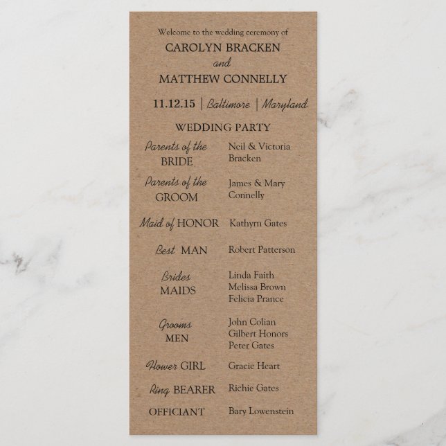 Programa Casamento | Rustic Kraft Paper (Frente)