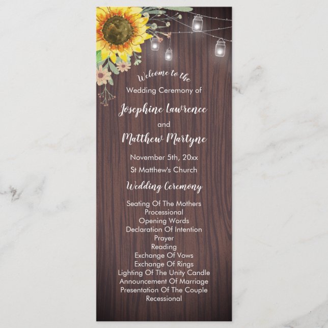 Programa Casamento Rustic Sunflower Wood Jar Lights (Frente)