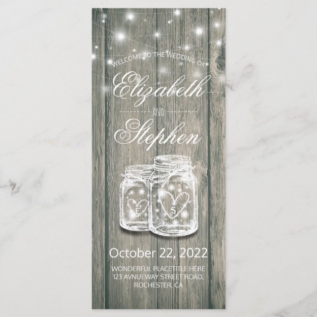 Programa Casamento Rustic Wood Mason Jar String Li (Frente)