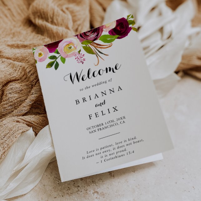 Programa Casamento Rústico Blush Burgundy Floral Dobrado (Criador carregado)