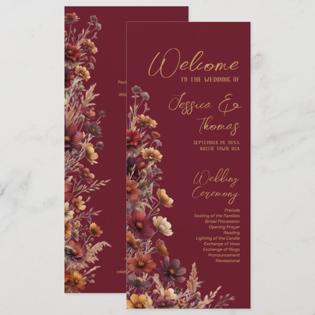 Programa Casamento Rústico Boho Chic com Flores Silvestres  (Frente/Verso)