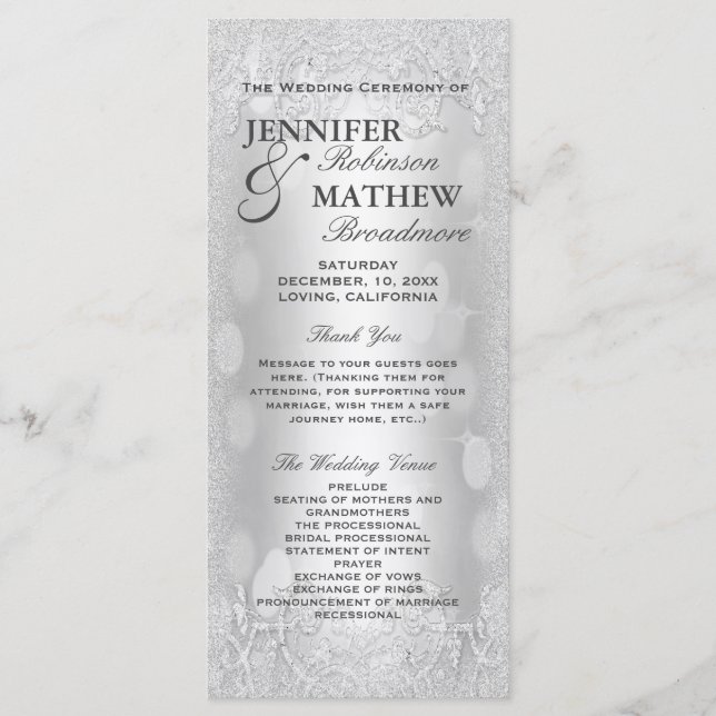 Programa Casamento Silver Faux Glitter Elegante (Frente)