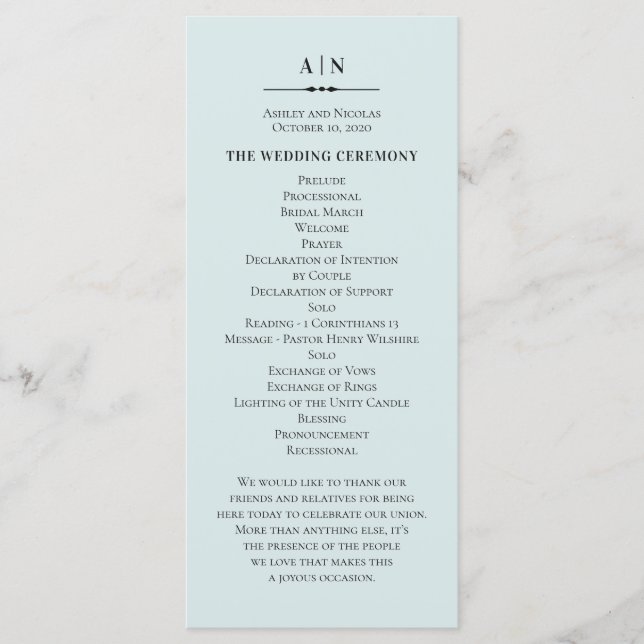 Programa Casamento simples azul. Tipografia clássica elegan (Frente)