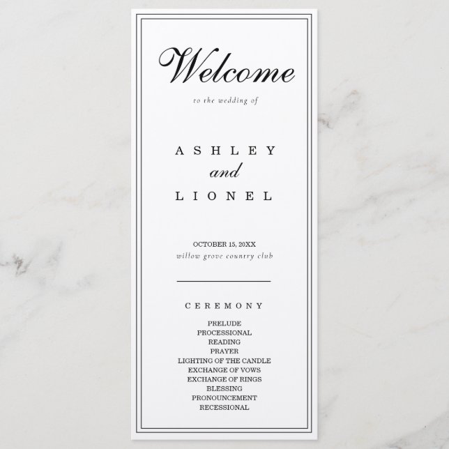 Programa Casamento Simples Branco e Preto do Monograma Clás (Frente)