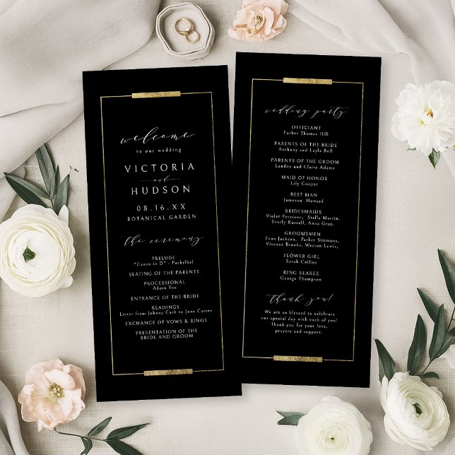 Programa Casamento Simples Clássico Preto Elegance com Mold (Framed Elegance Black Simple Modern Classy Wedding Program)
